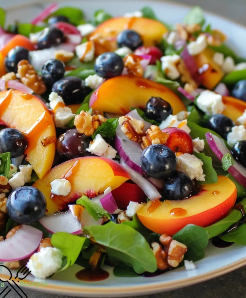 Wollen Sie etwas Leichtes und Gesundes? Probieren Sie diesen köstlichen Blaubeer-Pfirsich-Feta-Salat! 🌟🥗