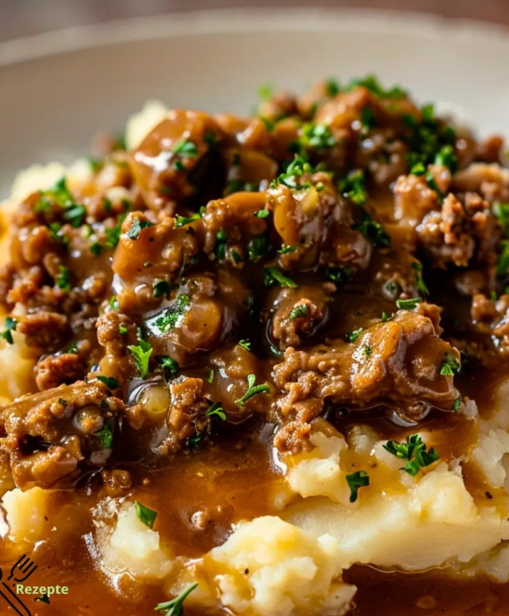 Hackfleisch mit Bratensauce auf cremigem Kartoffelpüree