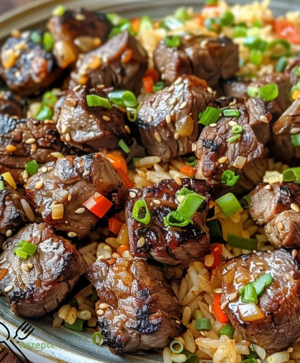 Hibachi-Steakbissen mit gebratenem Reis