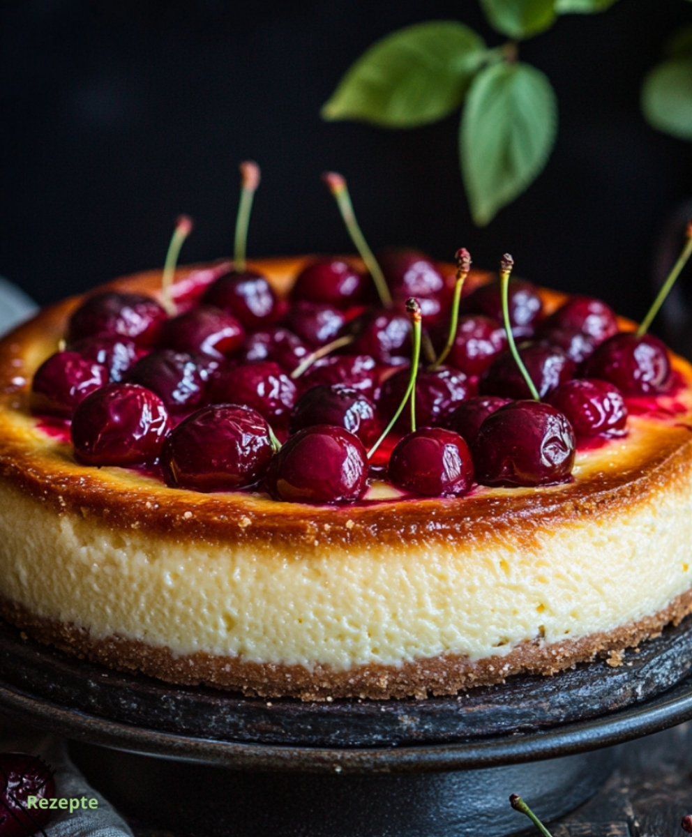 Gebackener käsekuchen mit versunkenen kirschen