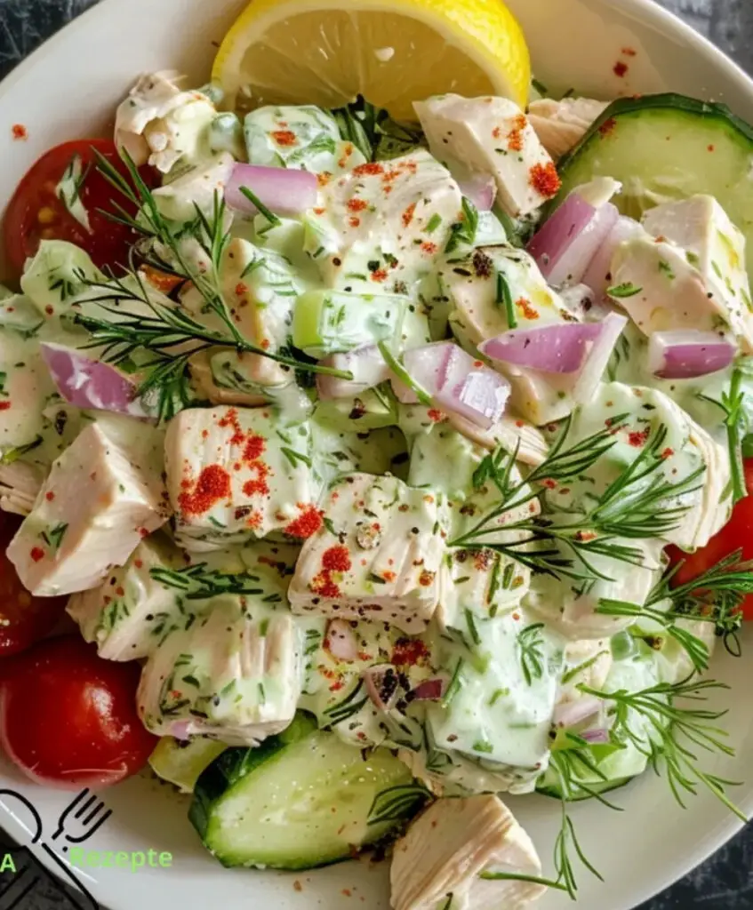 Hier ist das Rezept für die griechische Hühnersalat mit Tzatziki!