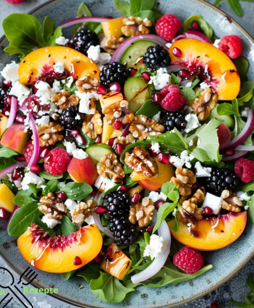 Gemischter grüner Salat mit Pfirsichen Beeren Feta und Walnüssen