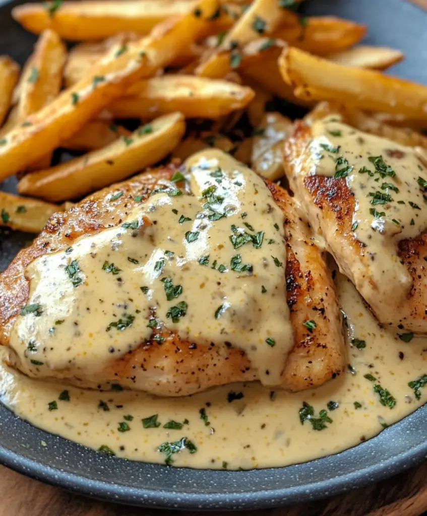 Hähnchenbrust in Senfrahmsauce mit Pommes Frites