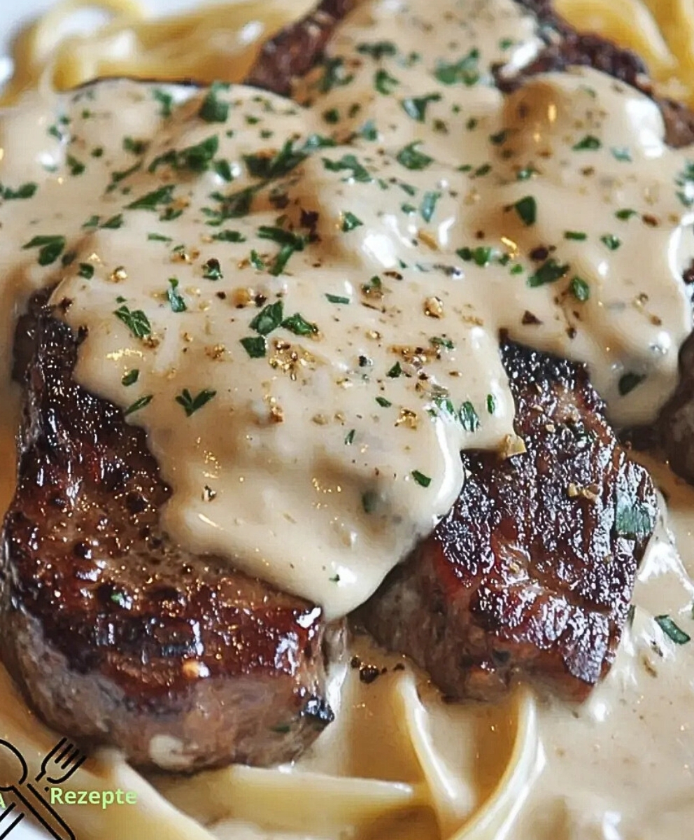 Cremiges Steak Gorgonzola Alfredo mit Fettuccine