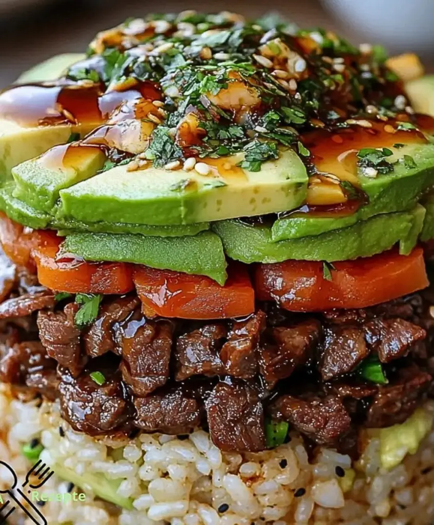 Teriyaki-Rindfleisch und Avocado-Reis