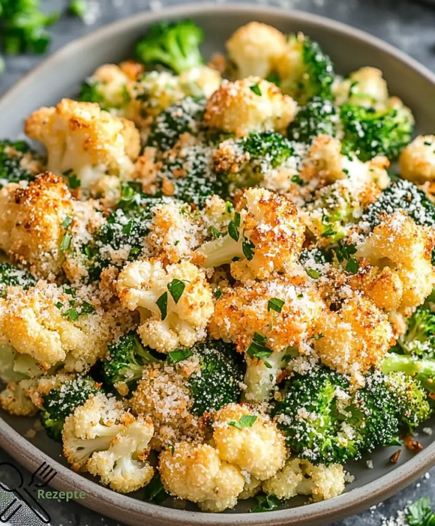 Gerösteter Blumenkohl und Brokkoli mit einer knusprigen Knoblauch-Parmesan-Kruste