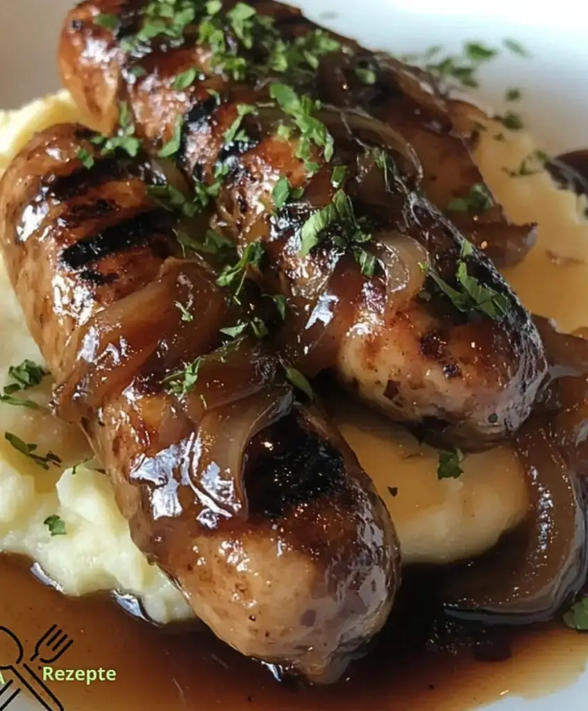 Rustikale Bratwurst mit Kartoffelpüree und karamellisierter Zwiebelsoße