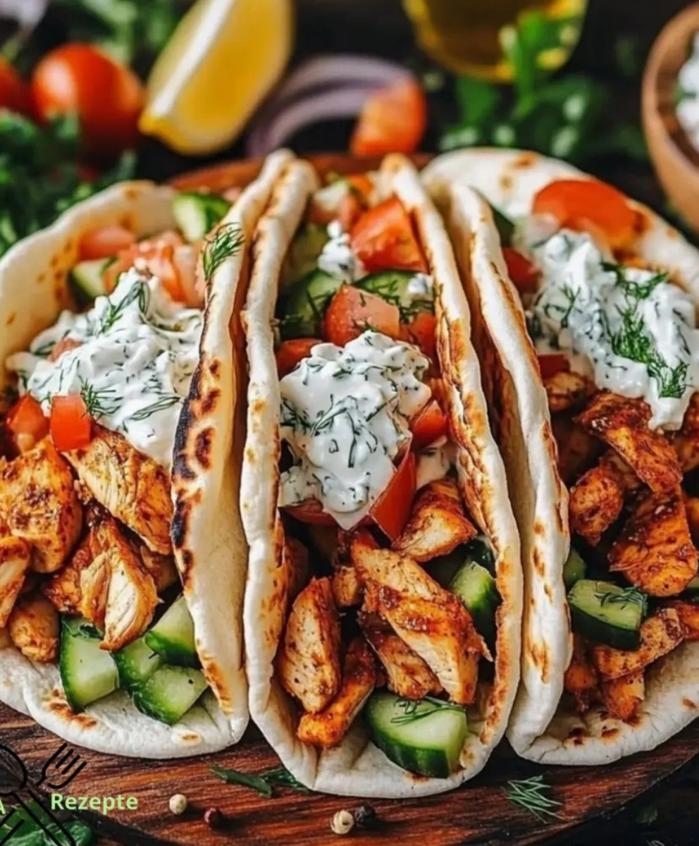 Probieren Sie Chicken Gyros mit cremiger Feta-Tzatziki-Sauce.