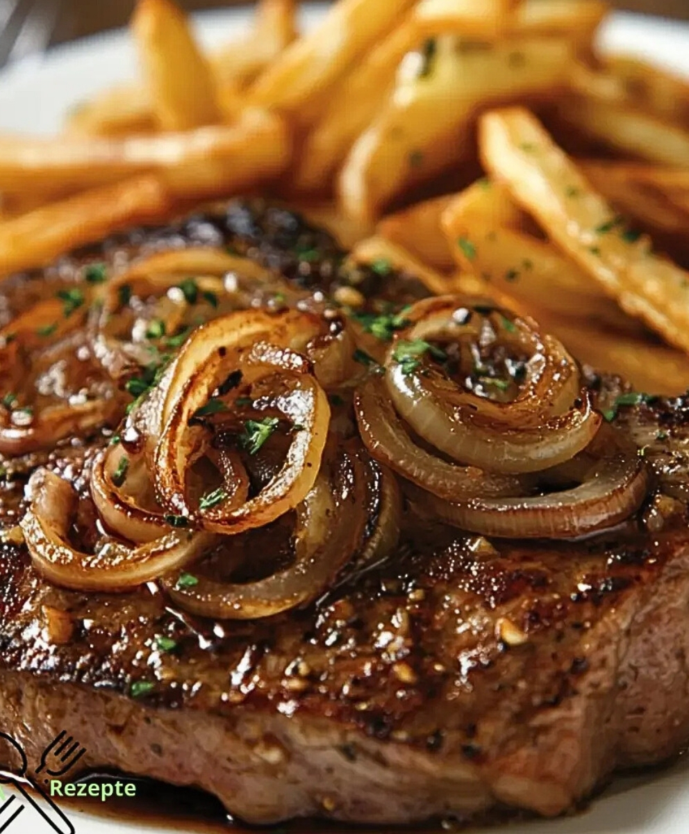 Saftiges Ribeye-Steak, überzogen mit karamellisierten französischen Zwiebeln, serviert mit knusprigen Pommes Frites 