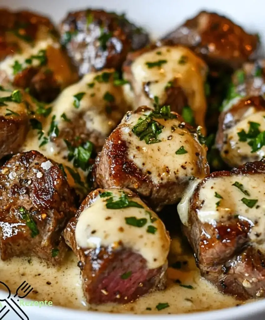 Zarte Steakbissen in Knoblauchbutter mit cremiger Parmesan-Sahnesoße