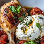 Saftiges Hähnchenfilet mit ofengerösteten Tomaten und cremiger Burrata