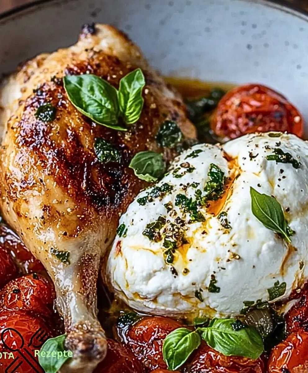 Saftiges Hähnchenfilet mit ofengerösteten Tomaten und cremiger Burrata