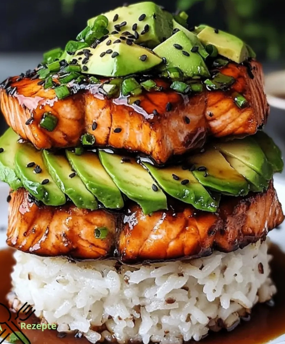 Teriyaki Lachs Avocado Reis Stapel