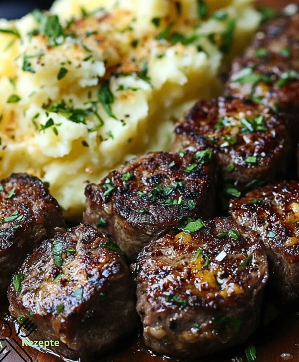 Knoblauch-Butter-Steakstücke mit Käse-Stampfkartoffeln