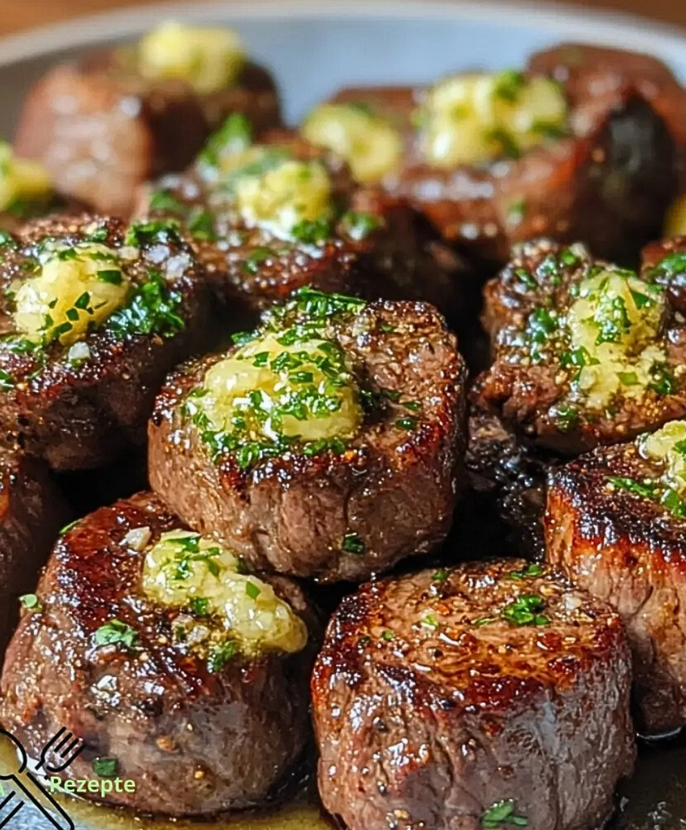 Saftige Steakstücke in würziger Knoblauchbutter