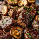 Saftige Steakwürfel in Knoblauch-Butter-Sauce mit Champignons