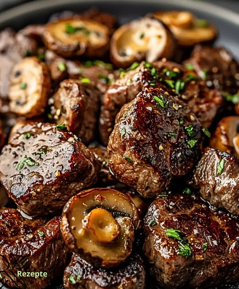 Saftige Steakwürfel in Knoblauch-Butter-Sauce mit Champignons