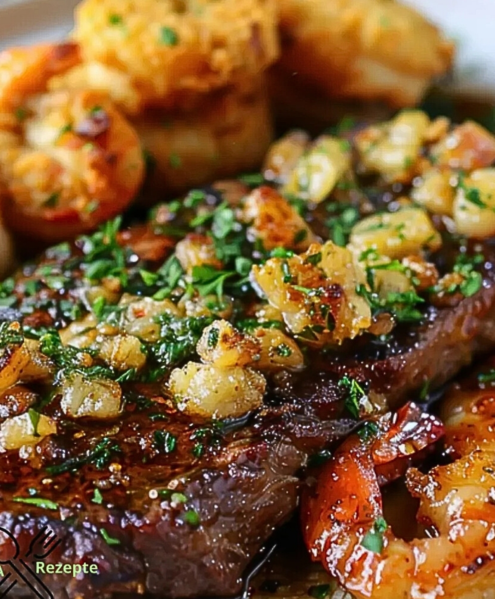 Zartes Knoblauchbutter-Steak mit knusprig gebratenen Garnelen