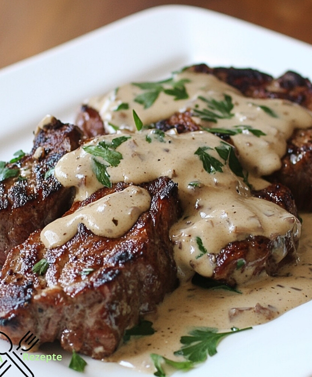 Zartes Ribeye-Steak in würziger Knoblauch-Cremesauce