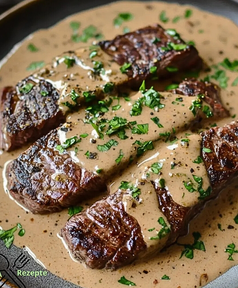 Zartes Bavette-Steak in einer Whiskey-Sahnesauce