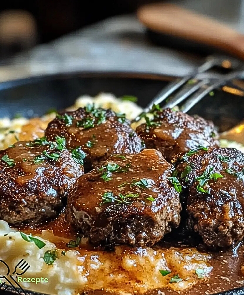 Zartes Salisbury Steak auf cremigem Kartoffelpüree