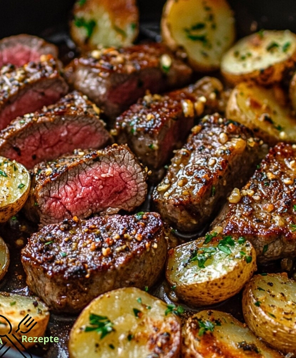 Zartes Steak mit Knoblauch-Butter und goldbraunen Kartoffeln