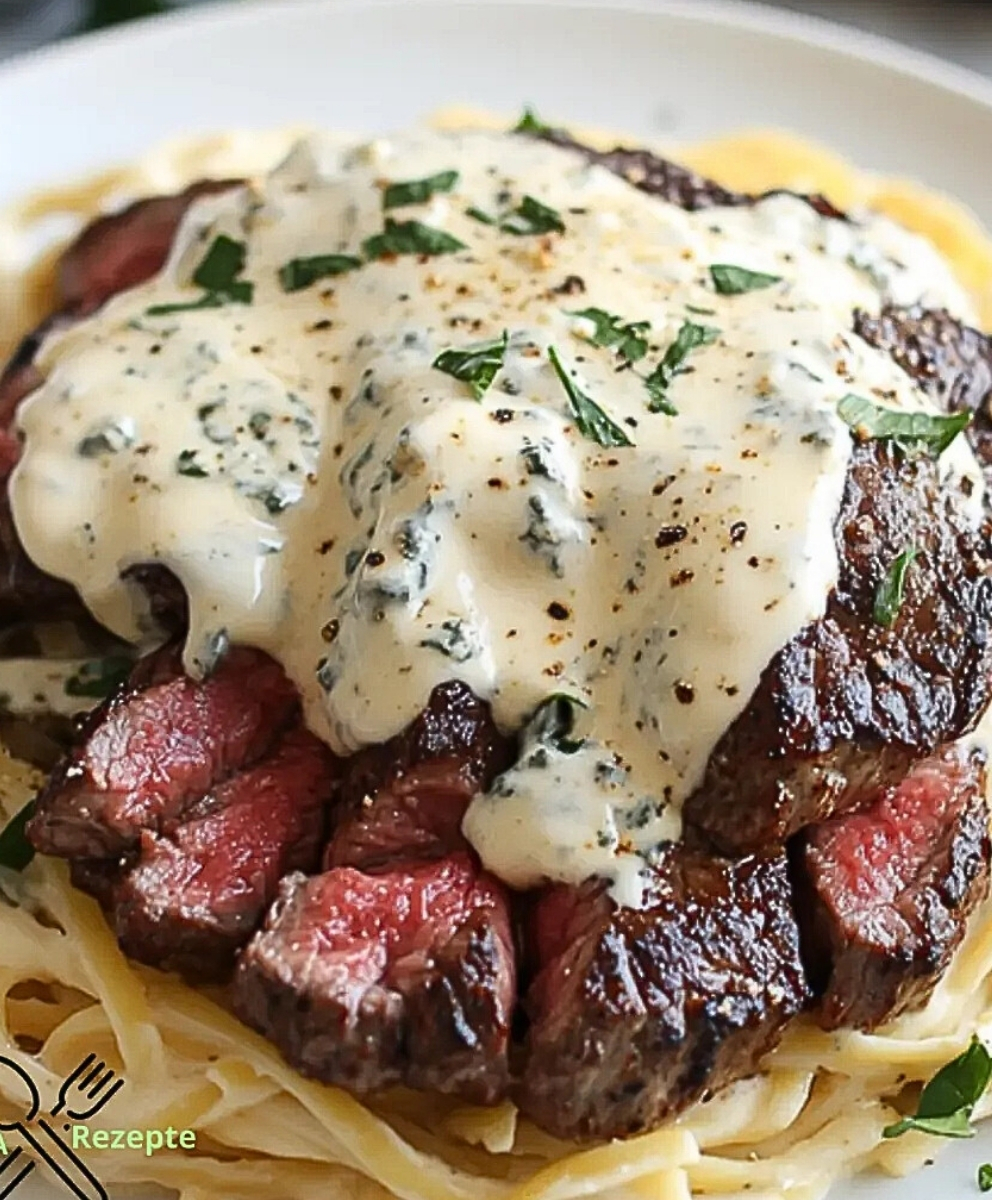 Zartes Steak in Gorgonzola-Alfredo-Sauce