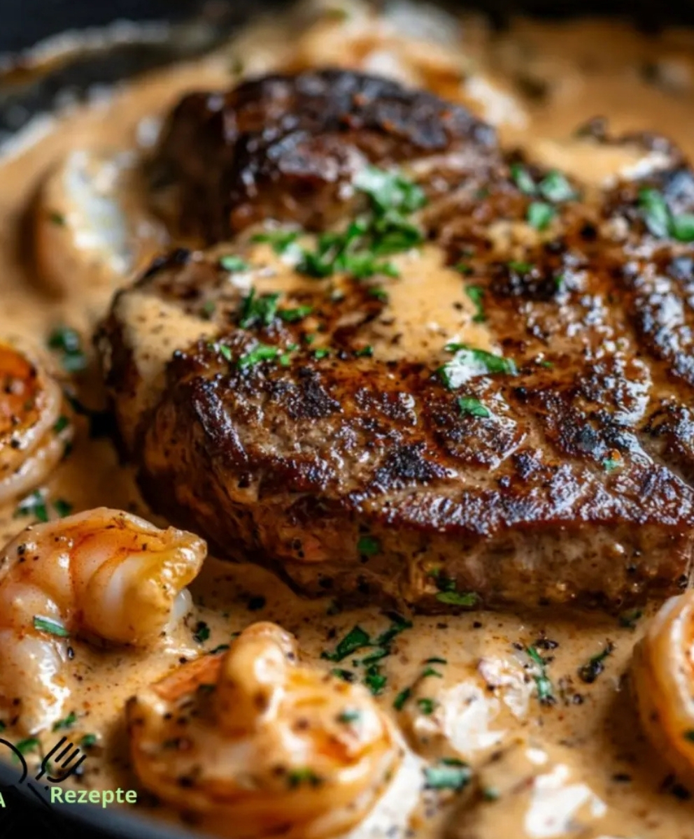 Zartes Steak mit würziger Cajun-Garnelen-Sahnesauce