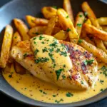 Hähnchenbrust in Senfrahmsoße mit knusprigen Pommes