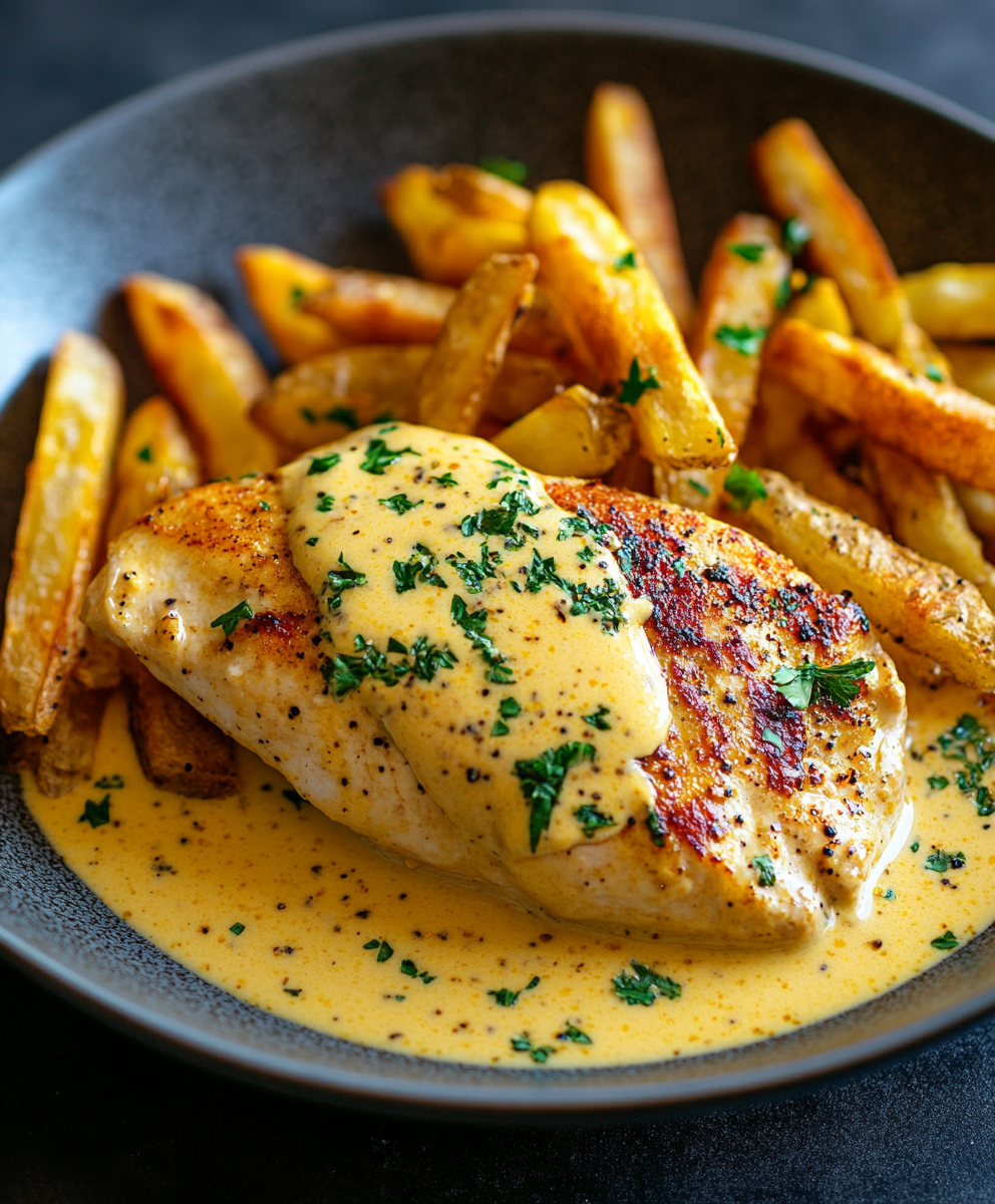 Hähnchenbrust in Senfrahmsoße mit knusprigen Pommes