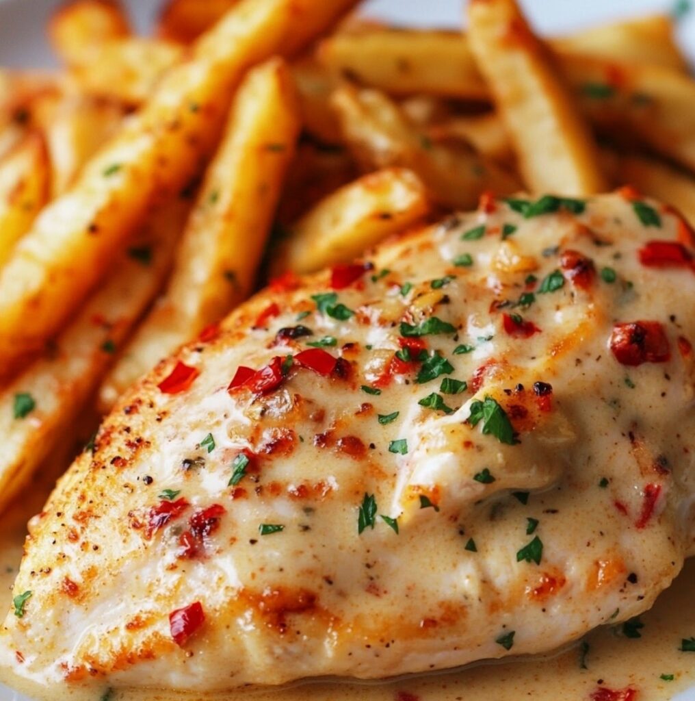 Hähnchenfilet in einer würzigen Knoblauch-Parmesan-Cremesauce mit Pommes Frites