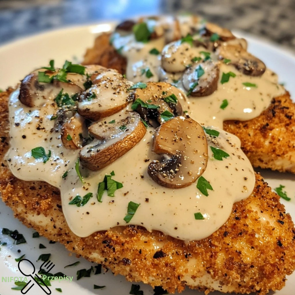 Goldene knusprige Hähnchen mit Parmesan-Pilzsauce genießen