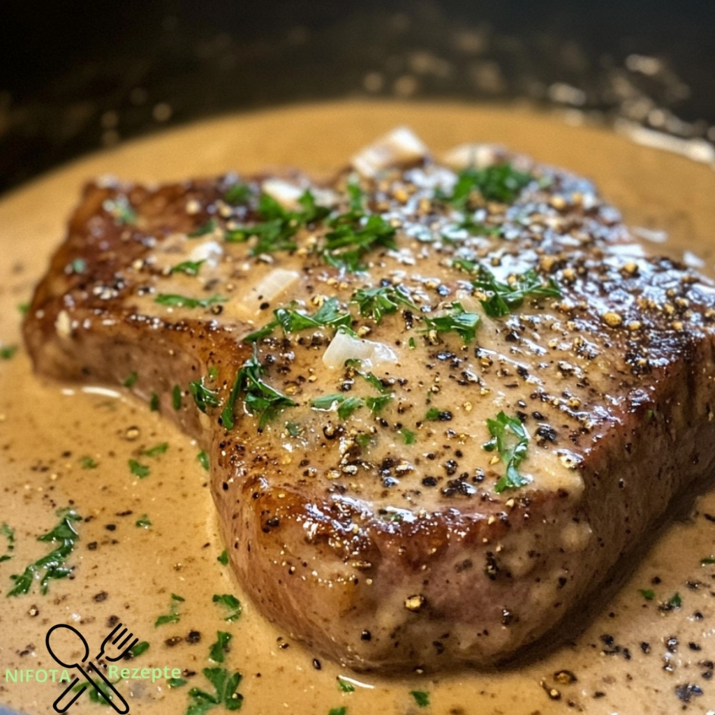 Klassisches Steak Au Poivre mit cremiger Cognac-Sauce.