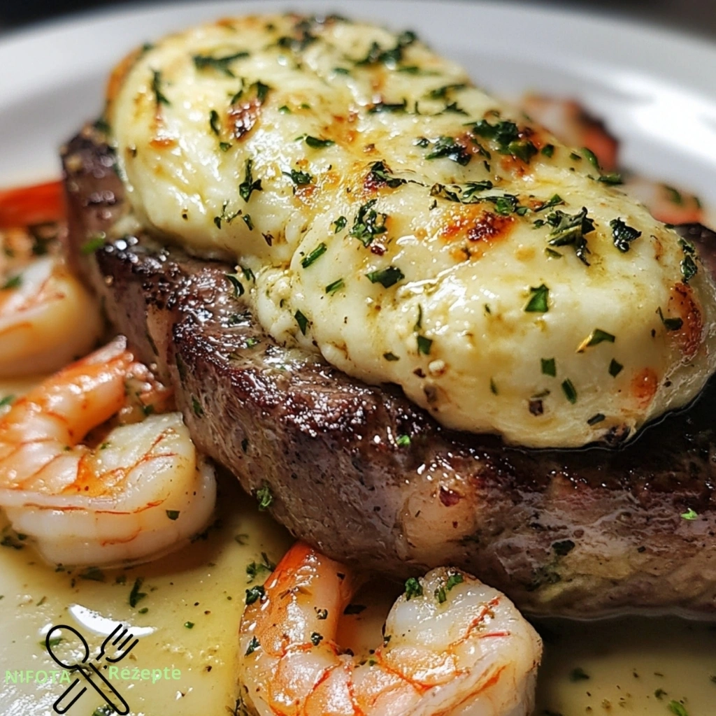 Mozzarella-Stuffed Steak mit Garnelen für Feinschmecker.