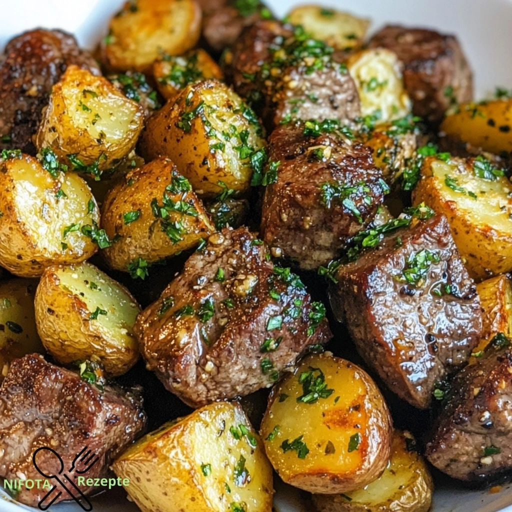 Air Fryer Knoblauchbutter-Steakbissen und Kartoffeln genießen!