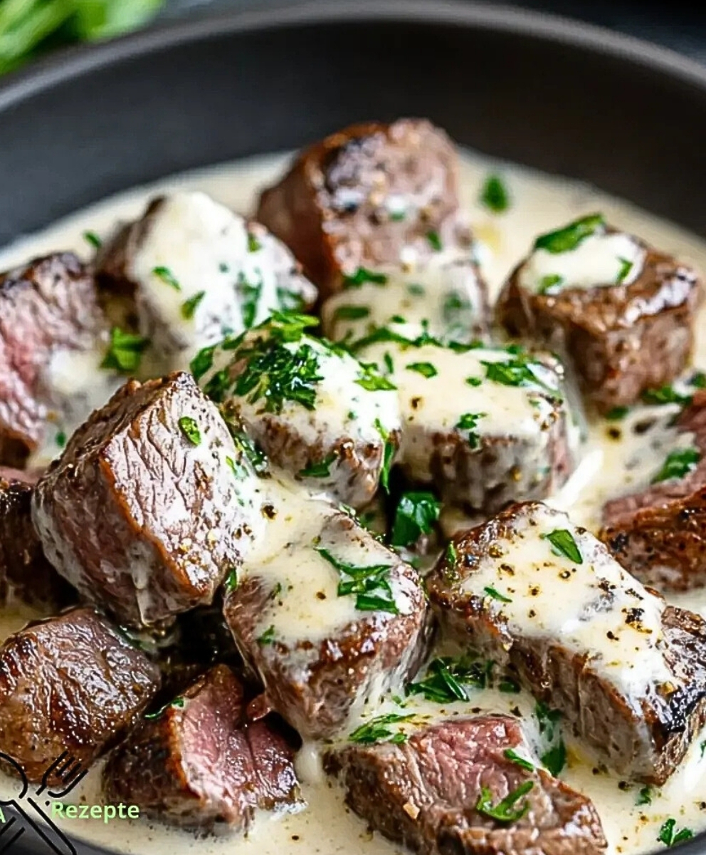 Zarte Steakwürfel in einer verführerischen Parmesan-Cremesauce