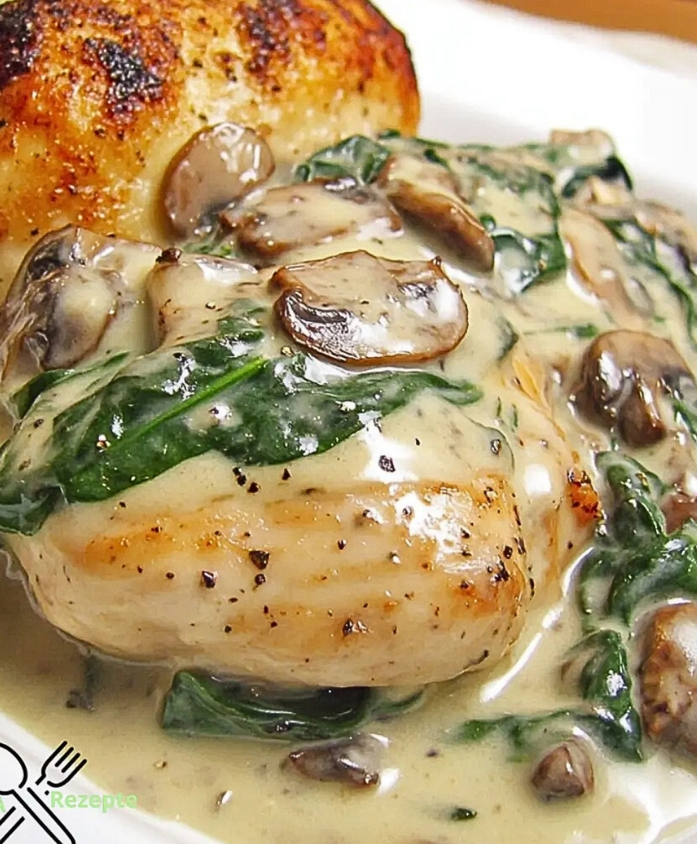 Hähnchen mit Spinat und Champignons in cremiger Parmesansoße