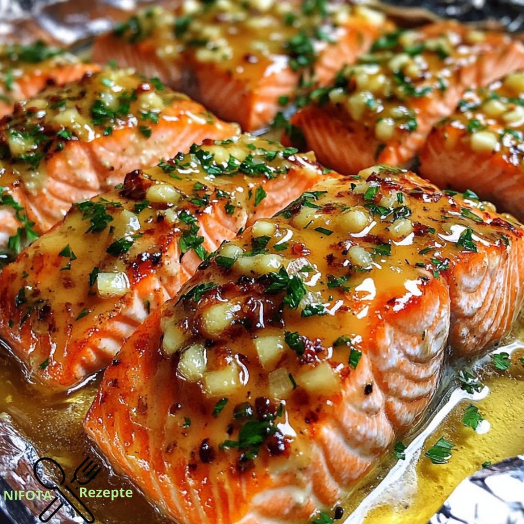 Saftiger Knoblauchbutter-Honig-Senf-Lachs in Folie genießen.