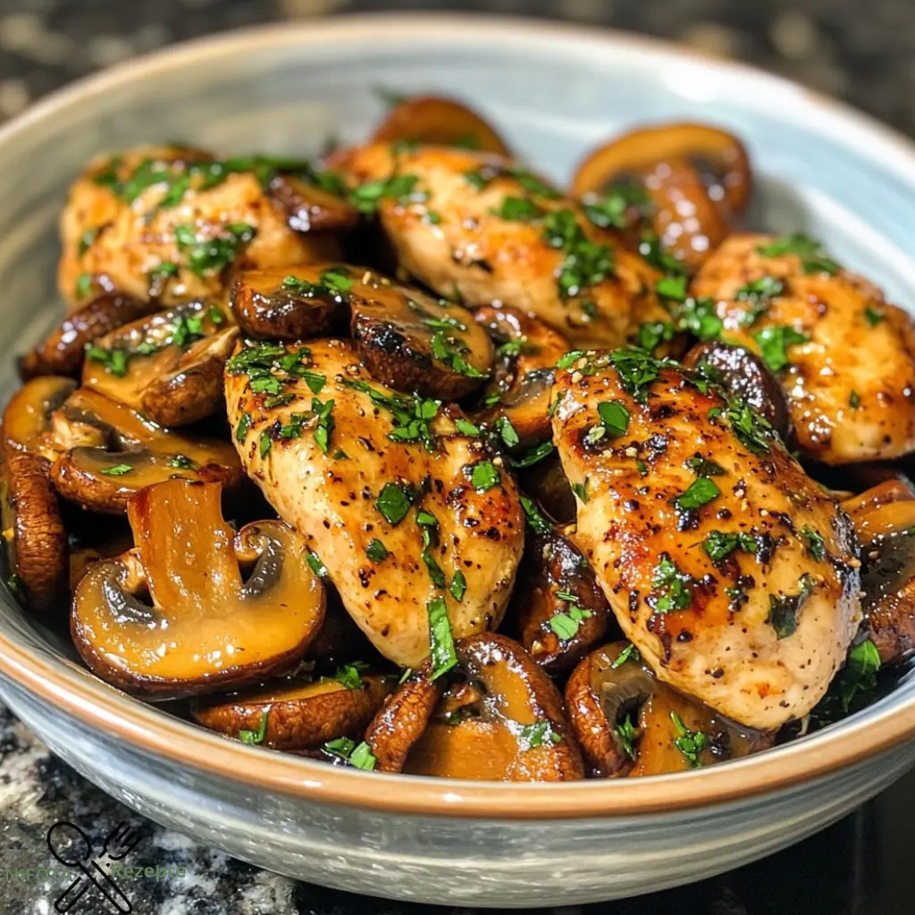 Knoblauch-Hühnchen mit Champignons einfach zubereiten.