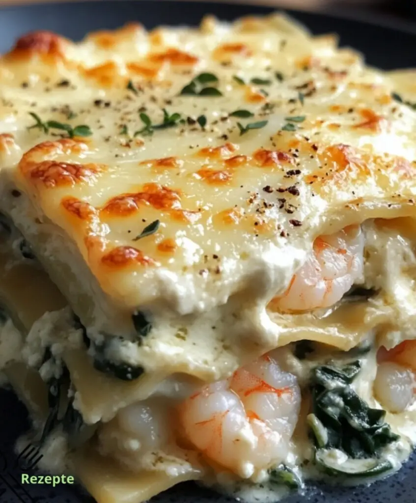 Shrimp-Lasagne mit weißer Sauce und Käse genießen!