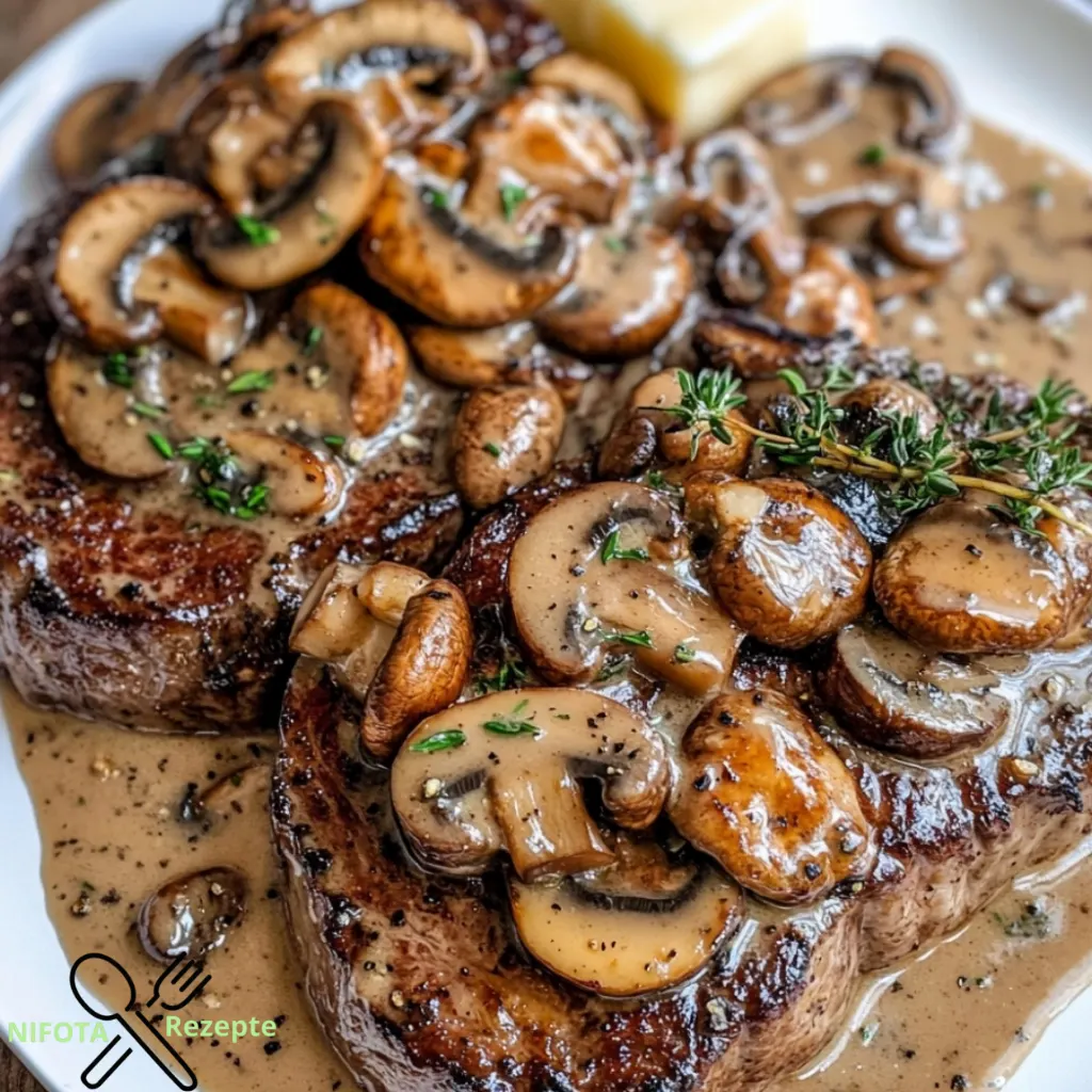 Knoblauchbuttersteaks mit Pilzsauce einfach zubereiten.