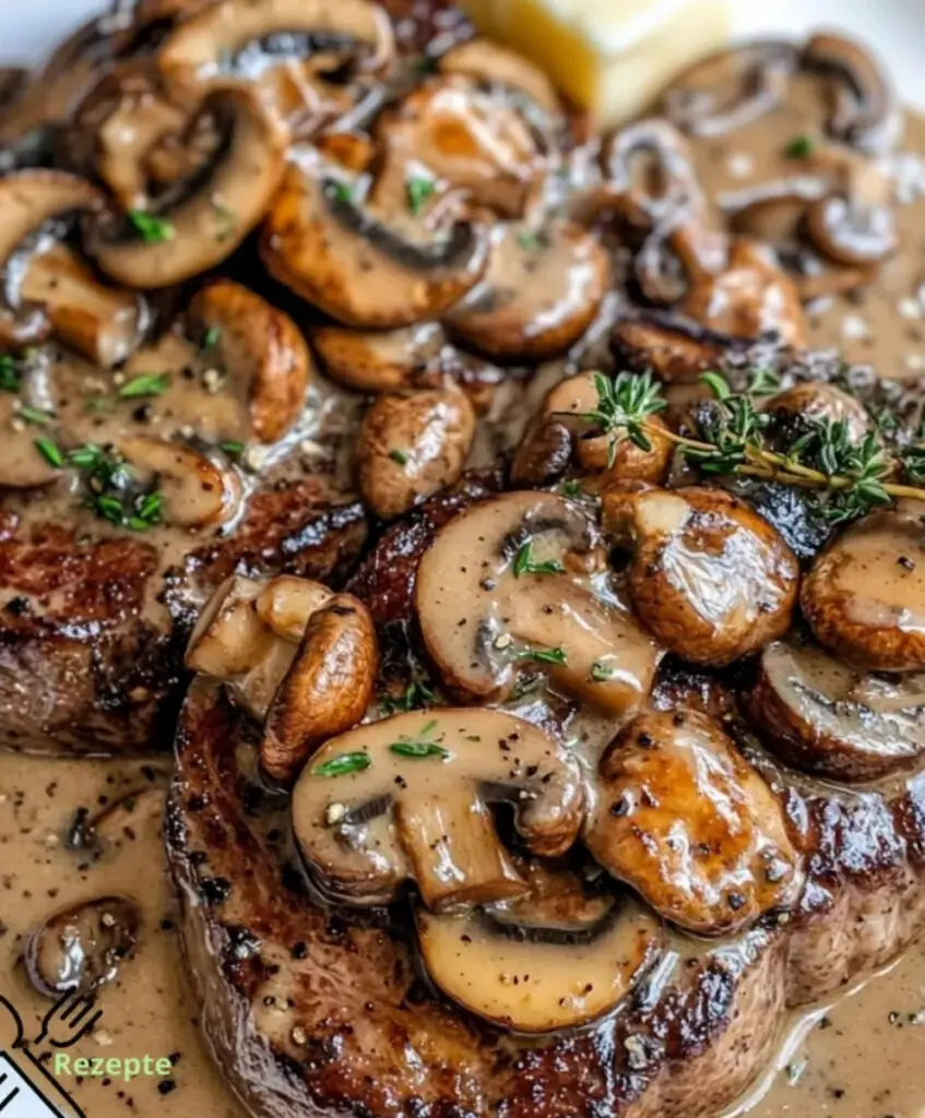 Knoblauchbuttersteaks mit Pilzsauce einfach zubereiten.
