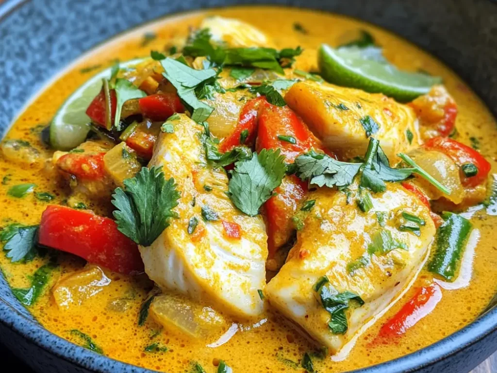 Fisch-Curry mit Kokosmilch und Gemüse einfach zubereiten.