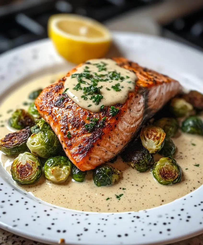 Gebratener Lachs mit geröstetem Rosenkohl genießen!