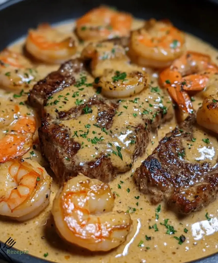 Cremige Cheddar-Steak und Garnelen für Feinschmecker.