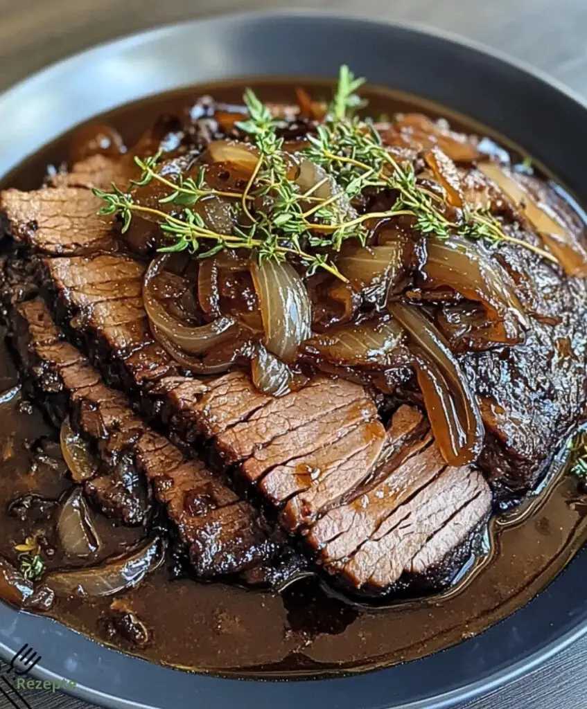 Geschmortes Rinderbruststück mit Balsamico-Zwiebelsoße genießen.