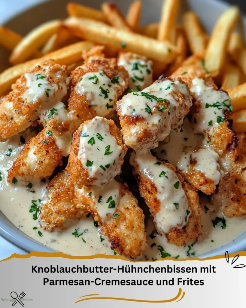 Knoblauchbutter-Hühnchenbissen mit Parmesan-Cremesauce und Frites