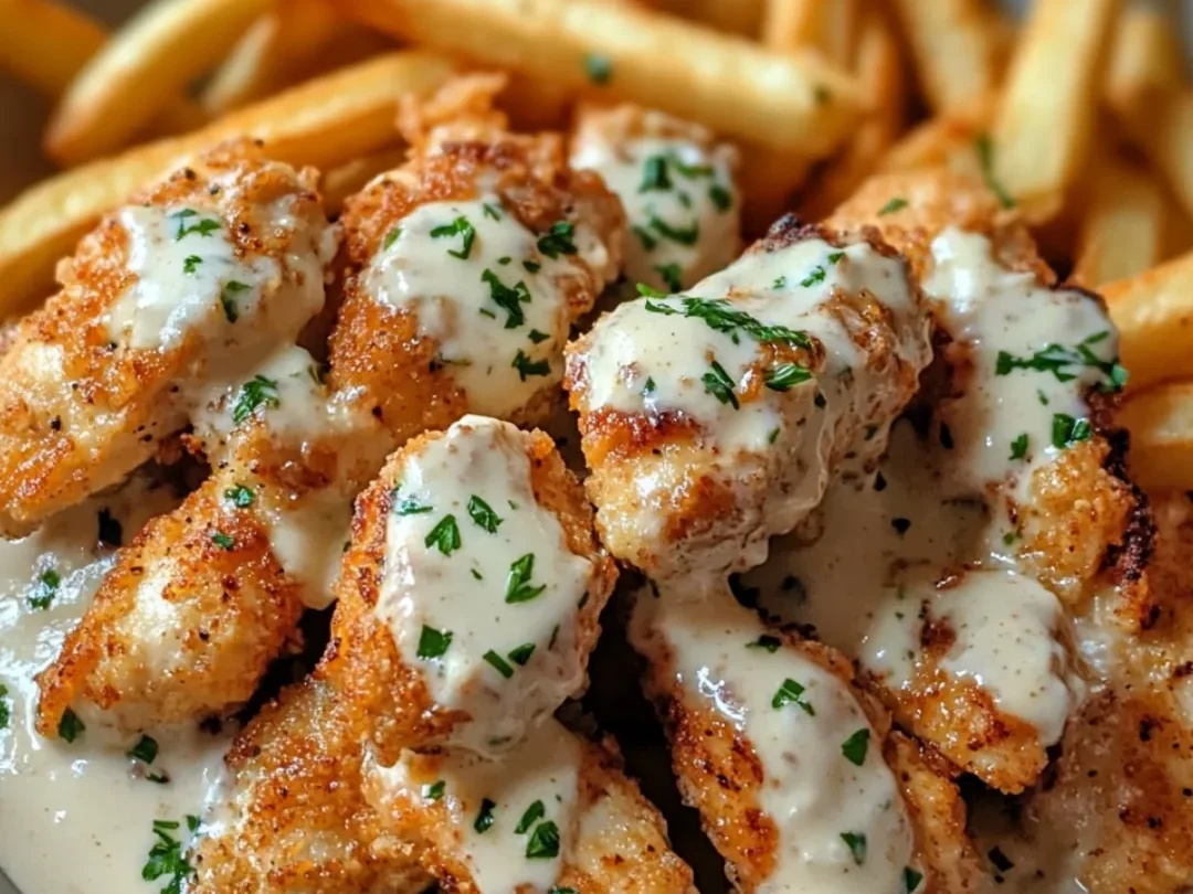 Knoblauchbutter-Hühnchenbissen mit Parmesan-Cremesauce und Frites