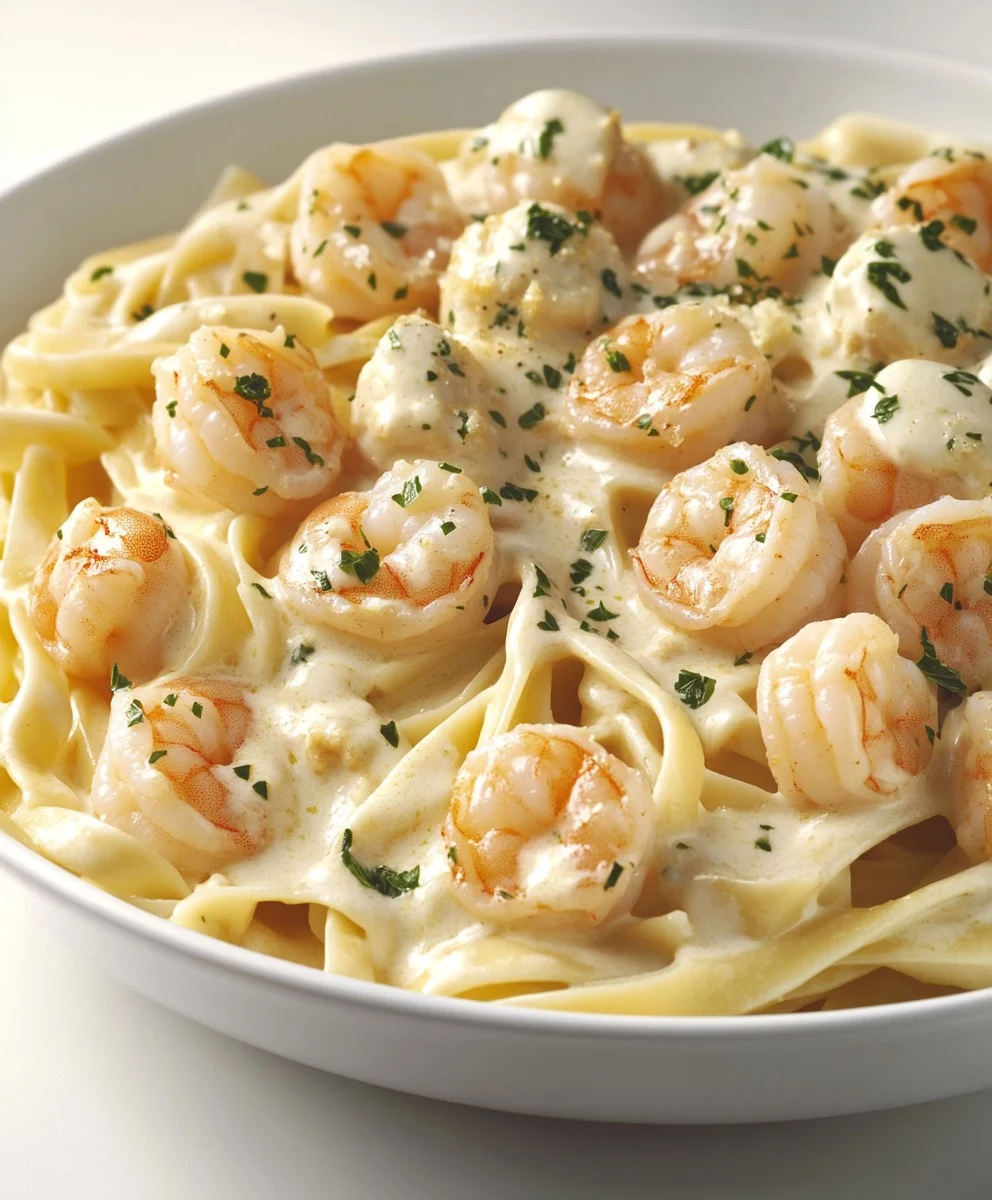 Cremige Knoblauch-Garnelen Fettuccine Alfredo