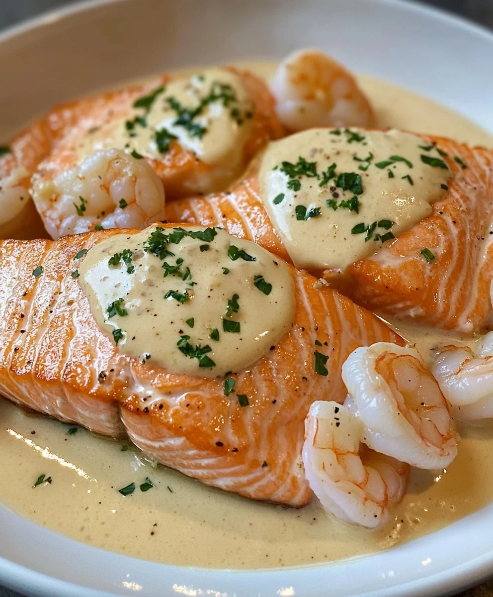 Gourmet Garnelen und Lachs mit Knoblauch-Sahnesauce